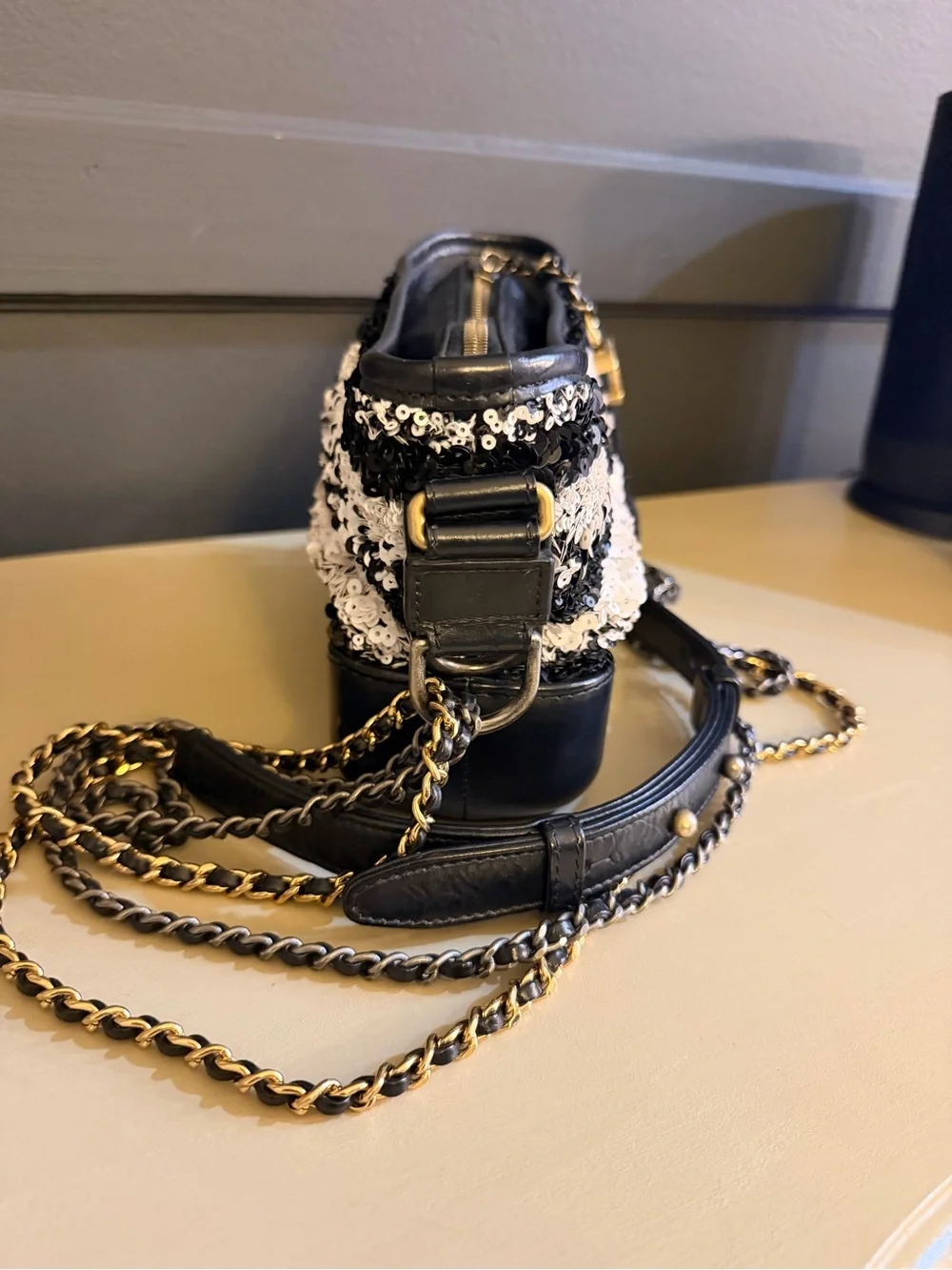 Chanel Gabrielle Hobo Sequin Stripe Black & White Crossbody | Authentic with COA